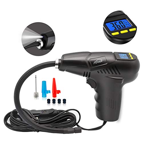 AUTDER Digital Tire Inflator with Tire Gauge Pressure, Portable Air Compressor Pump with 12V 120 PSI LCD Screen LED Light and 3 Nozzles for Car, Bike, Basketball and Other Inflatables