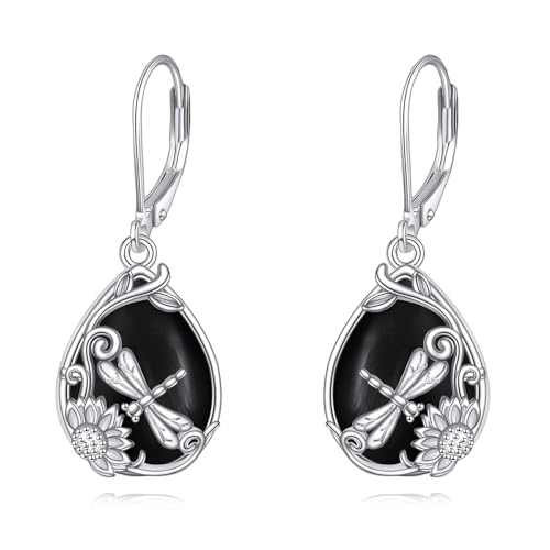 Dragonfly/Filigree Boho Black Onyx Earrings 925 Sterling Silver Black Onyx Dangle Drop Earrings Jewelry Gift for Women