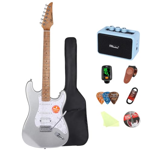 Image of Electric Guitar Kit -39in Solid Body Starter Guitar Kit with Metallic finish, Guitar Case, Amplifier Gig Bag, Strings, Strap, Cable, Picks M100S (Silver)
