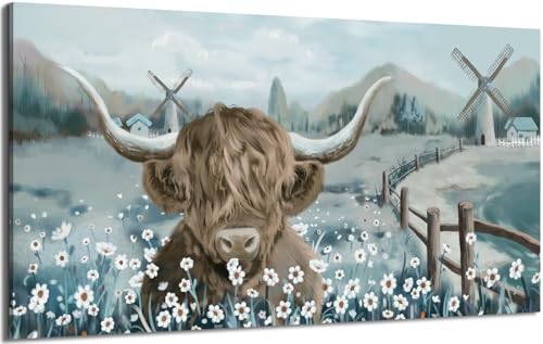 Large Highland Cow Canvas Wall Art for Living Room Rustic Farmhouse Landscape Painting Animal Canvas Print Cattle in the White Daisy Flower Bush Countryside Framed Artwork for Home Bedroom 30x60inch