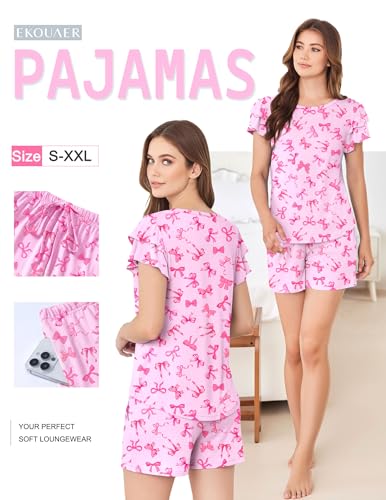 Image of Ekouaer Womens Pajama Sets 2 Piece Ruffle Sleeves Top and Shorts Pjs | Soft Sleepwear Cute Loungewear Set with Pockets for Sleep, Lounge, Wedding, Party, Bridal