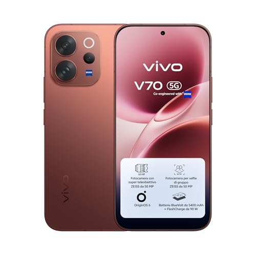 vivo V70 5G 8GB/256GB, ZEISS 50MP, teleobiettivo, 4K, OLED 6,59 inch, 5400mAh, impronta digitale 3D, IP68/IP69, Android 16, NFC