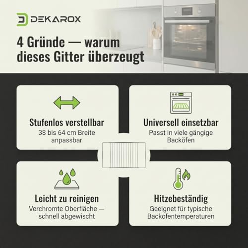 DEKAROX Backgitter Universal Ausziehbar 38–64 cm × 30,7 cm – Verchromt, Rostfrei, Passend für Bosch, Siemens, AEG, Neff & viele mehr