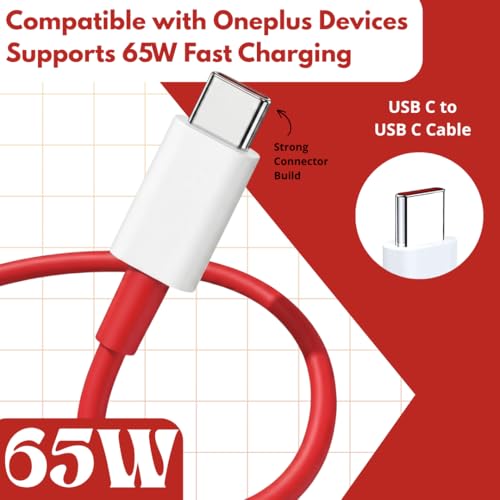 Image of 65W Type C to C Cable | Compatible with with 13 /13R /13S /12R /11R /10R /10T /10 /10 Pro /9 /9 Pro /8 /8 Pro /7 Pro /7T Pro /Nord /CE 3 Lite | Nord Power 5G Delivery for SuperVOOC | Original Ultra-Fast Charging