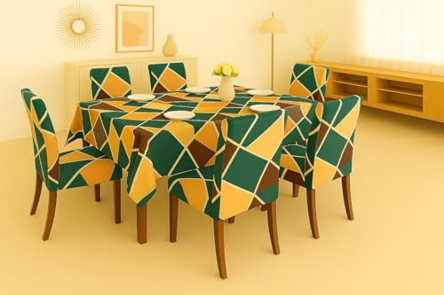 Image of Homerz Premium 6 Seater Dining Table Cloth with 6 Dining Chair Covers,Elastic Fitted Chair Slipcovers, Printed Polycotton Fabric, Table Cloth Size 60x90 inch (Green Geometrical)