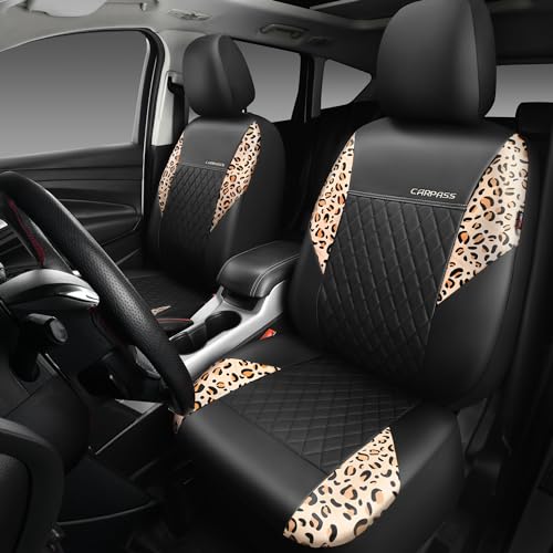 Image of CAR PASS Leather Leopard Two Front Seat Cover Only, Universal Quilting Waterproof Deluxe PU Premium Vinyl Luxury Car Seat Cover Airbag Compatible for Most Sedan,SUV,Truck(Two Front, Brown Leopard)