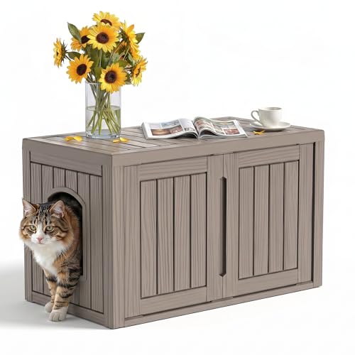 Image of Cat Litter Box Enclosure,Multi-Functional Hidden Litter Box Furniture Cabinet with Adjustable Partition & Side End Table, Indoor Outdoor Cat House with Double Doors,Easy to Clean & Assemble, Gray