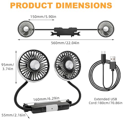 Image of RIGGEAR Car Fan, Back Seat Car USB Fan with Dual Head 3 Speed Adjustable Cooling Air with 360 Flexible Rotation, Independent Switch USB Car Fan for Seat Headrest with Small LED Lamp