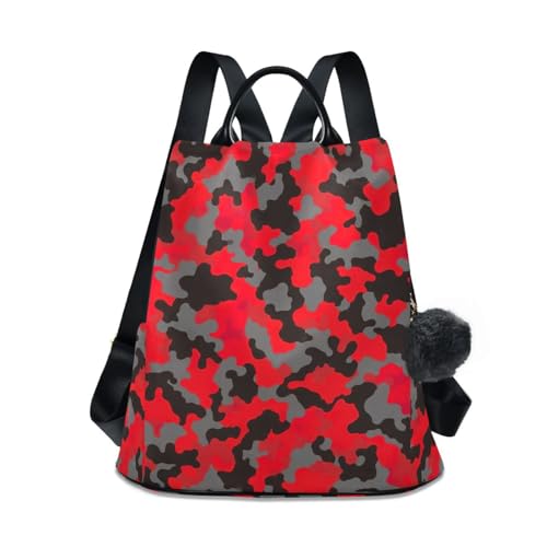 Sac à dos abstrait rouge noir gris à pois avec poches multiples et pompon tendance