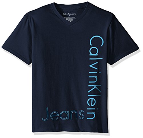 Calvin Klein Boys' Short Sleeve Legacy V-Neck T-Shirt, Navy Blue B4046, 6