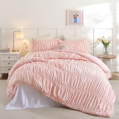 Image of weigelia Cinched Comforter Set Queen - 3PCS Soft Cozy Blush Pink Queen Bedding Set with Decorative Ruched Design, Fluffy Lightweight All Season Cute Comforter for Elegant Home & Bedroom Decor