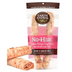 Earth Animal No Hide Large Salmon Flavored Natural Rawhide Free Dog Chews Long Lasting Dog Chew Sticks | Dog Treats for Large Dogs | Great Dog Chews for Aggressive Chewers