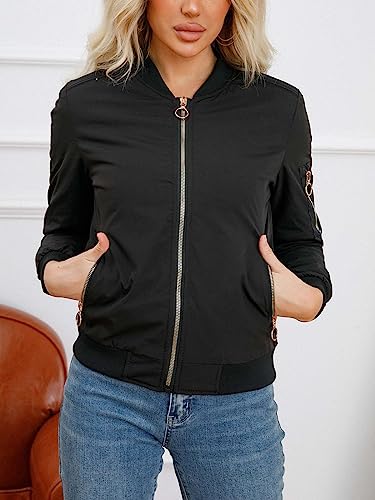 Women's Bomber Jacket Lightweight Varsity Zip Up Coat Casual Long Sleeve Windbreaker4