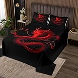 Loussiesd Dragon Monster Tagesdecke 170x210cm Rot Dragon Bettüberwurf für Kinder Mädchen Jungs Klassisches Monster Steppdecke Schwarz Rot Cool Wohndecke