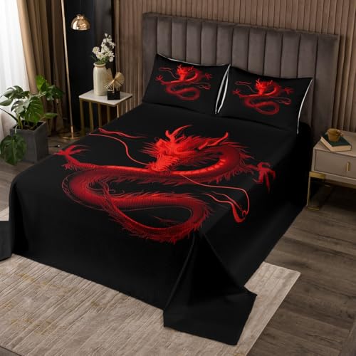 Loussiesd Dragon Monster Tagesdecke 170x210cm Rot Dragon Bettüberwurf für Kinder Mädchen Jungs Klassisches Monster Steppdecke Schwarz Rot Cool Wohndecke