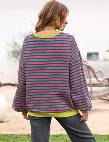 Image of UEU Women Oversized Striped Crewneck Sweatshirt Long Sleeve Color Block Pullover Tops Casual Loose Workout Shirt