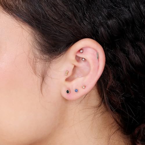 14K Solid Gold Mini Bar Stud Earring Black Onyx Dainty Flat Back Cartilage Earring Threaded Upper Earlobe Conch Tragus Helix Piercing Jewelry for Sensitive Ear Nose Ring Minimalist SINGLE STUD or PAIR3