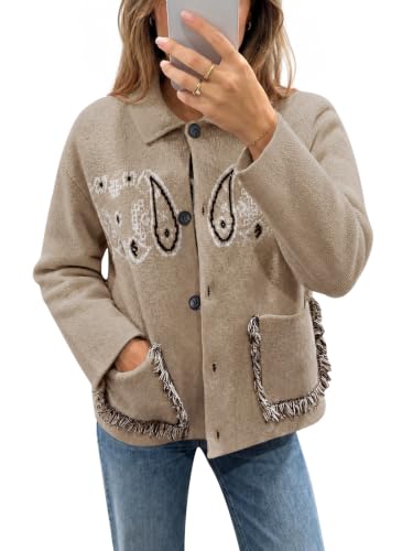 Saodimallsu Womens Boho Cardigan Fringe Paisley Fall Sweater With Pockets