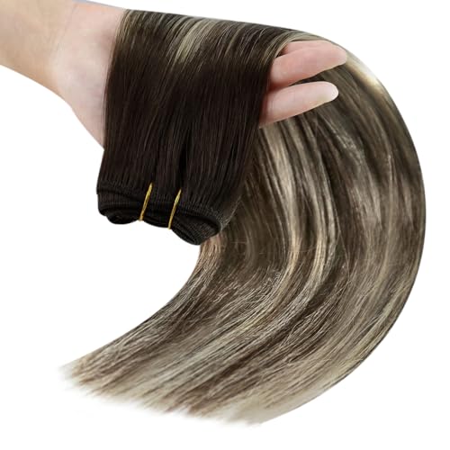 Image of Full Shine Invisible Weft Hair Extensions 18 Inch 105G Remy Straight Hair | Color 2 /60 /2 Dark Brown To Platinum Blonde Mix, Invisible Sew In, Party Styling, Photoshoot Looks, Add Volume