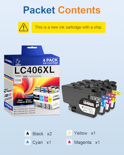 Image of LC406XL LC406 Ink Cartridges for Brother Printer MFC-J4335DW MFC-J5855DW MFC-J6555DW MFC-J4535DW, Replacement for Brother Ink Cartridges LC406 LC406XL, 4 Pack High Yield Up to 23000 Pages