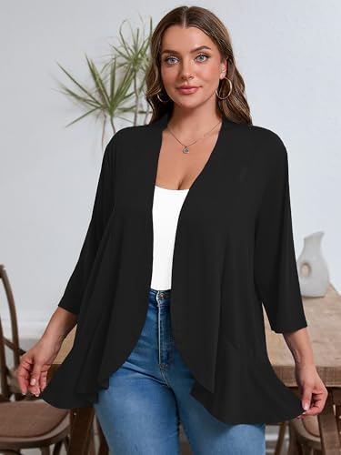 AusLook Women's Plus Size 3/4 Sleeves Lightweight Open Front Cardigan Draped Ruffles Shawls and Wraps Shrugs Kimono Jacket3