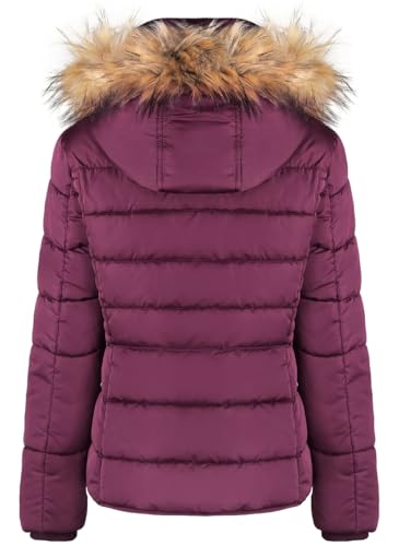 BodiLove Women's Puffer Jacket with Removable Faux Fur Hood and Zipper Burgundy L2