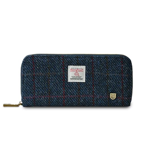 Islander HarrisTweed & PU Leather women’s long zip purse, Carry Cash & card, Scottish Style, Navy Over-Check