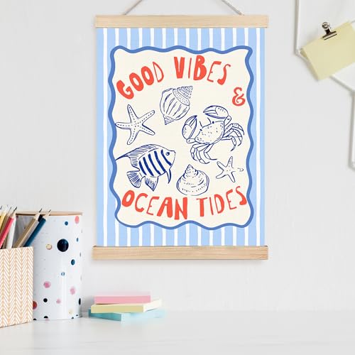 Image of PQKIY Coastal Summer Wall Art Poster Hanger Frame 12x16 in, Trendy Blue Striped Ocean Beach Sea Life Crab Starfish Fish Wall Decor Canvas Prints for Beach House Room Home Bedroom