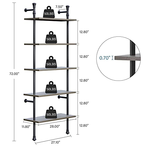 Realyoo 5 Tier Industrial Bookshelf, Open Wall Mounted Ladder Vintage Bookcase, Rustic Wood And Metal Book Shelf, Tall Modern Book Case For Office Home Living Room Bedroom Kitchen Bathroom - Oak Gray #TOP1