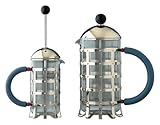 Alessi Alessi Pressfilter 8 Tassen aus Edelstahl 18/10 glänzend poliert und hitzebeständigem Glas. Griff und Knopf aus PA, hellblau