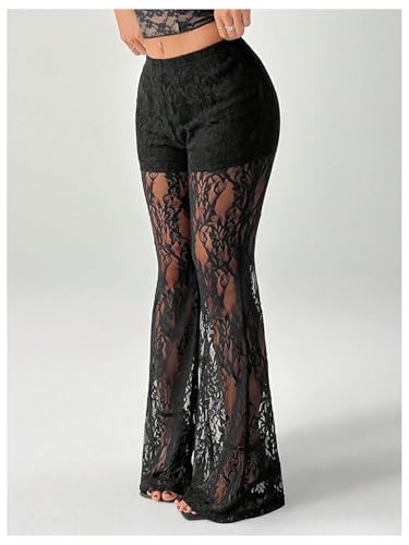 GORGLITTER Women's Plus Size Floral Lace Sheer Rave Pants Sexy High Waisted Mesh Flare Pants2