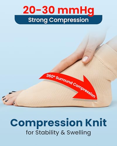 Image of KEMFORD Ankle Compression Sleeve with Cooling Effect - 1-Pair, Plantar Fasciitis Braces - Open Toe Compression Socks for Swelling, Sprain, Neuropathy, Arch Support for Men and Women - L, Arctic Beige
