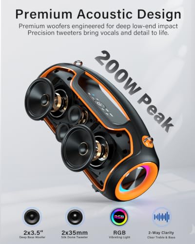 Image of Portable Bluetooth Speakers Wireless, 200W PEAK Outdoor Speaker w /2.0 Bass | Bocinas BT5.4, IP65 Waterproof, USB-C, RGB Lights, for Party, Camping, Beach, Large Workshop, Garage, 24H Playtime