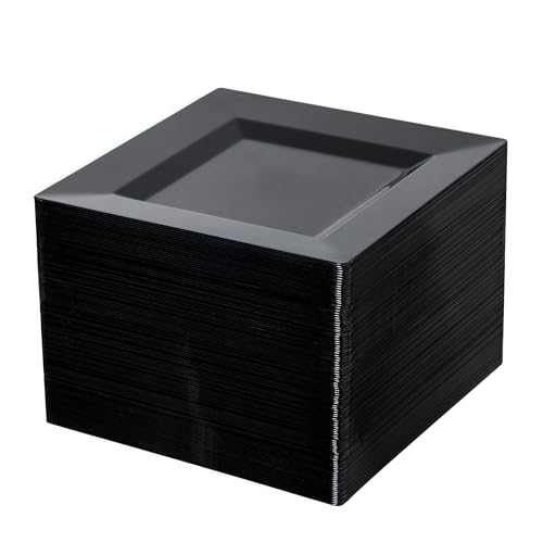 NZVCN 100 Pack Black Plastic Square Dessert Plates, 6.5" Disposable Salad Plates Heavy Duty Plates for Party, Wedding, Christmas, Easter
