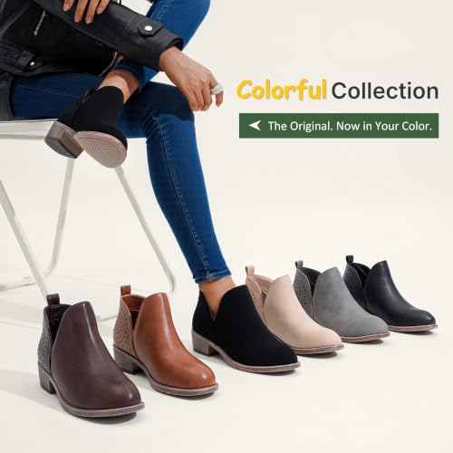 Image of Vepose Women's Short Ankle Boots, Low Heel Round Toe Western Booties | Comfortable western-inspired booties, memory foam cushioning, buckle side zip or perforated slip-on design options