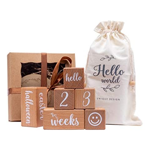 Mamimami Home 6 Pcs Milestone Pregnancy Blocks, Baby Milestones Wooden Blocks with Cutton Bag, Newborn Photography Props Gift Idea for Birth, Baptism, Pregnancy Cover