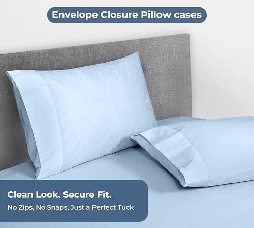 Image of Royale Linens Fitted Sheet With Pillowcases - King Fitted Sheets With 2 Pillowcases - 300 Thread Count 100% Organic Cotton - Fit Mattress Up to 18 inch Deep - Soft & Breathable - Lake Blue (No Flat Sheet)