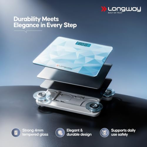 Image of Longway Weight Machine for Home | Digital Bathroom Scale for Human Body Weight Measurement | Extra Thick Tempered Glass with LCD Display | 3 Years Warranty (Blue | Max Weight 180Kgs | Sapphire)