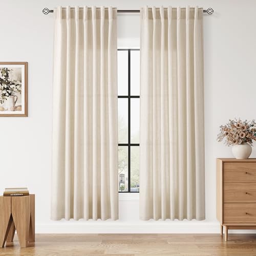 Image of Linen Curtains for Living Room 80 Inches Long Modern Farmhouse Decor Light Filtering Semi Sheer Curtain Back Tab Neutral Luxury Rustic Burlap Coastal Drapes for Bedroom Office 52x80, 2 Panels