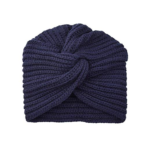 Czsycdsf Women Winter Hat Warm Knit Cap Beanie, Thick Soft & Warm India Hat Beanie Cap Cross Twist Pleated Hair Wrap Hat Head Wrap Stretchy Muslim Headwear Cap (Dark Blue)