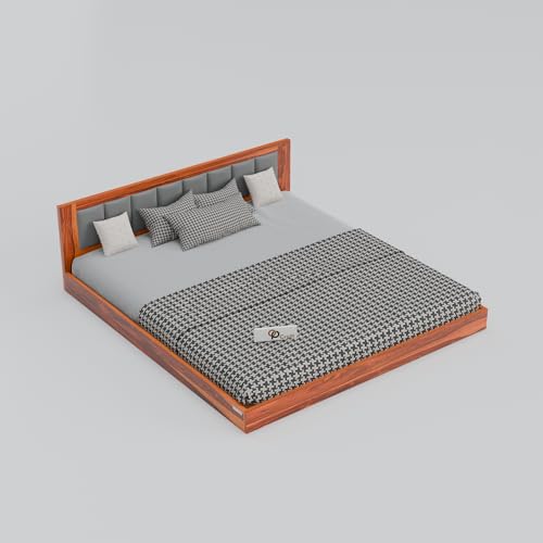 Image of Solid Wood Low Floor Bed with Upholstered Headboard | Modern Platform Bed Frame for Bedroom | Strong & Durable Wooden Bed with Cushion Backrest (Honey Finish)
