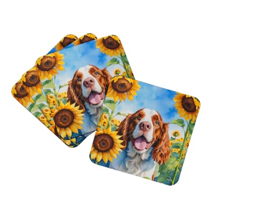 Caroline's Treasures Welsh Springer Spaniel in Sunflowers Foam Coasters Set of 4 Cup Coasters for Indoor Outdoor, Tabletop Protection, Anti Slip, Mouse pad Material