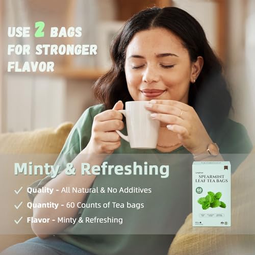 Lynginya Spearmint Tea, 60 Tea Bags - Premium Spearmint Leaves - Natural Herbal Tea - Refreshing & Minty - No Sugar & No Caffeine