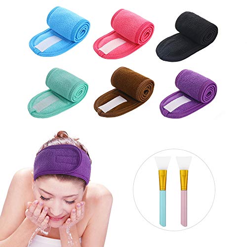 Bivisen Spa Headband Hair Wrap, 6 Pieces Washable Sweat Headband Stretch Towel with 2 Facial Mask Brushes for Makeup and Washing Face