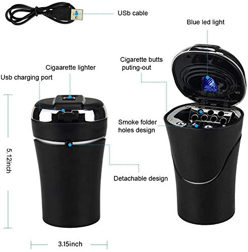 Globalstore Ashtray For Car, Portable Car Ashtray With Lid And Lighter, Smokeless Ashtray Detachable Car Cigarette Ashtray With Led Light, Usb Rechargeable Car Trash Can Car Ash Tray For Travel, Home #TOP1