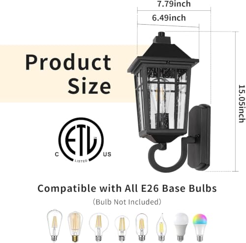 Image of JYZ 2PK 15 inch Outdoor Porch Light Wall Mount, Exterior Wall Lighting Fixtures with Seeded Glass Shade, Anti-Rust Matte Black Outdoor Wall Sconce, E26 Base Outside Lantern for Front Door, Patio, Garage