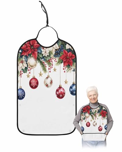 Christmas Adult Bib for Adults Men, Women, Winter Red Blue Poinsettia Berry Snowflake Washable & Adjustable Terry Cloth Bib with Crumb Catcher Reusable Waterproof Clothing Clothes Protector Apron