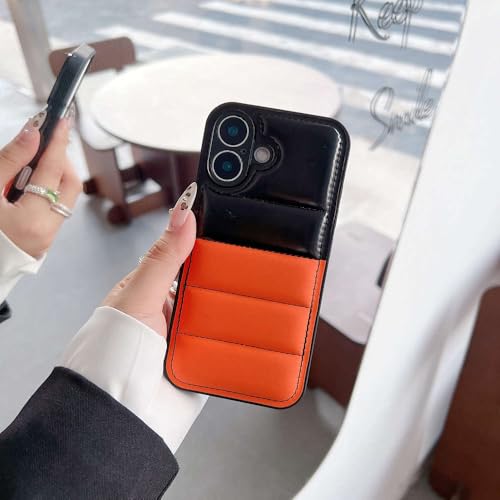 Coque Doudoune pour iPhone 16 et 15 Pro Max en tissu doux matelassé noir et orange