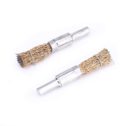 2Pcs 10mm Brass Coated Steel Crimped End Wire Brush with 1/4 Inch Shank for Derusting Cleaning and Surface Polishing