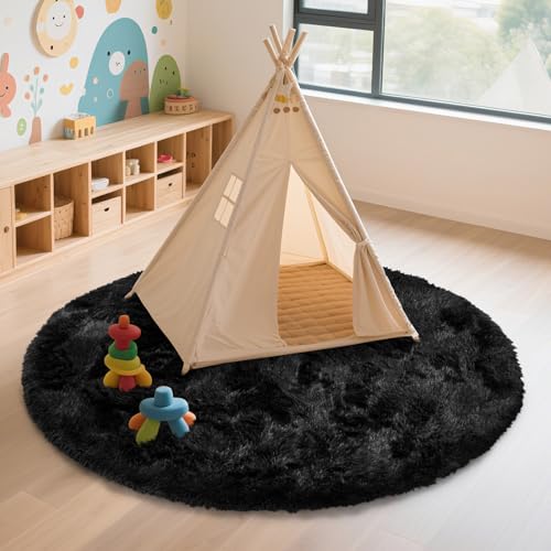 Black Fluffy Round Area Rugs for Living Room,6'X6'Shag Circle Area Rugs for Bedroom,Non Slip Fuzzy Plush Rug for Kids Room Boys Girls Room and Dorm Home Decor Rug